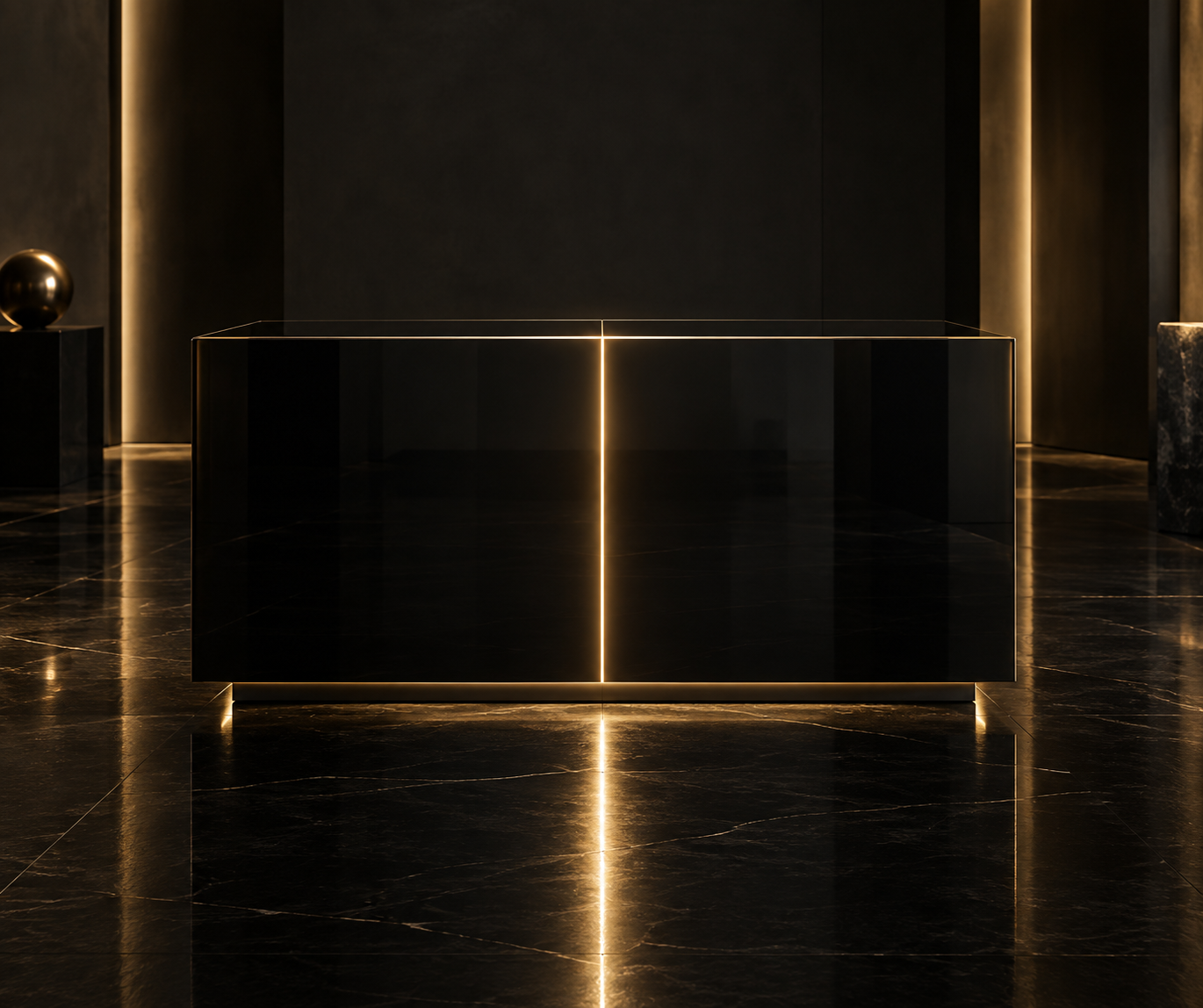 A dark command console with a single seam of gold light