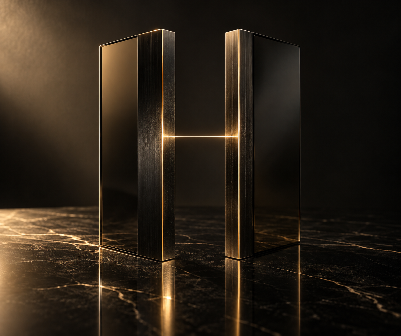 Two dark glass panels joined by a thread of gold light
