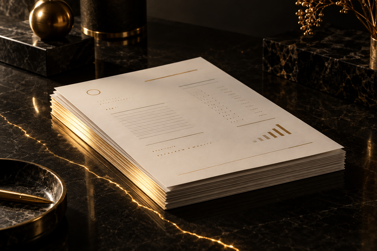 Crisp printed schedules edge-lit in gold on black stone