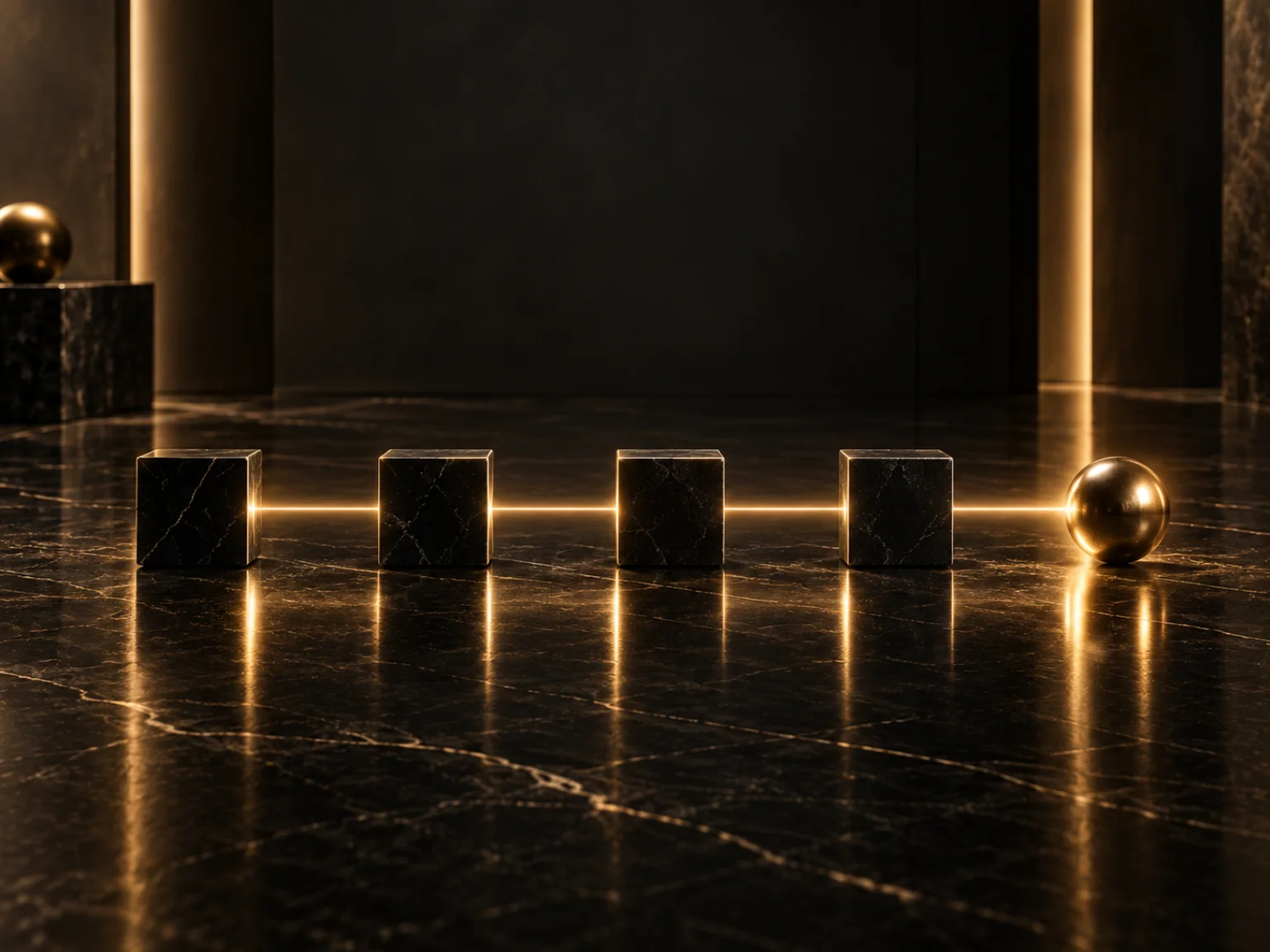 Rows of gold light lines advancing through darkness